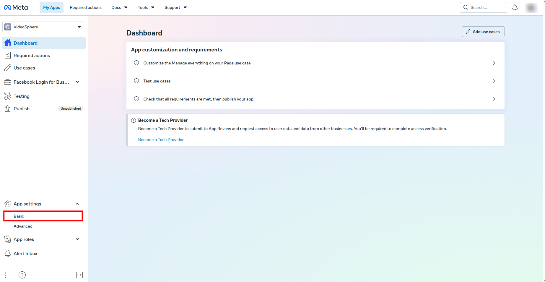 Dashboard — App settings Basic