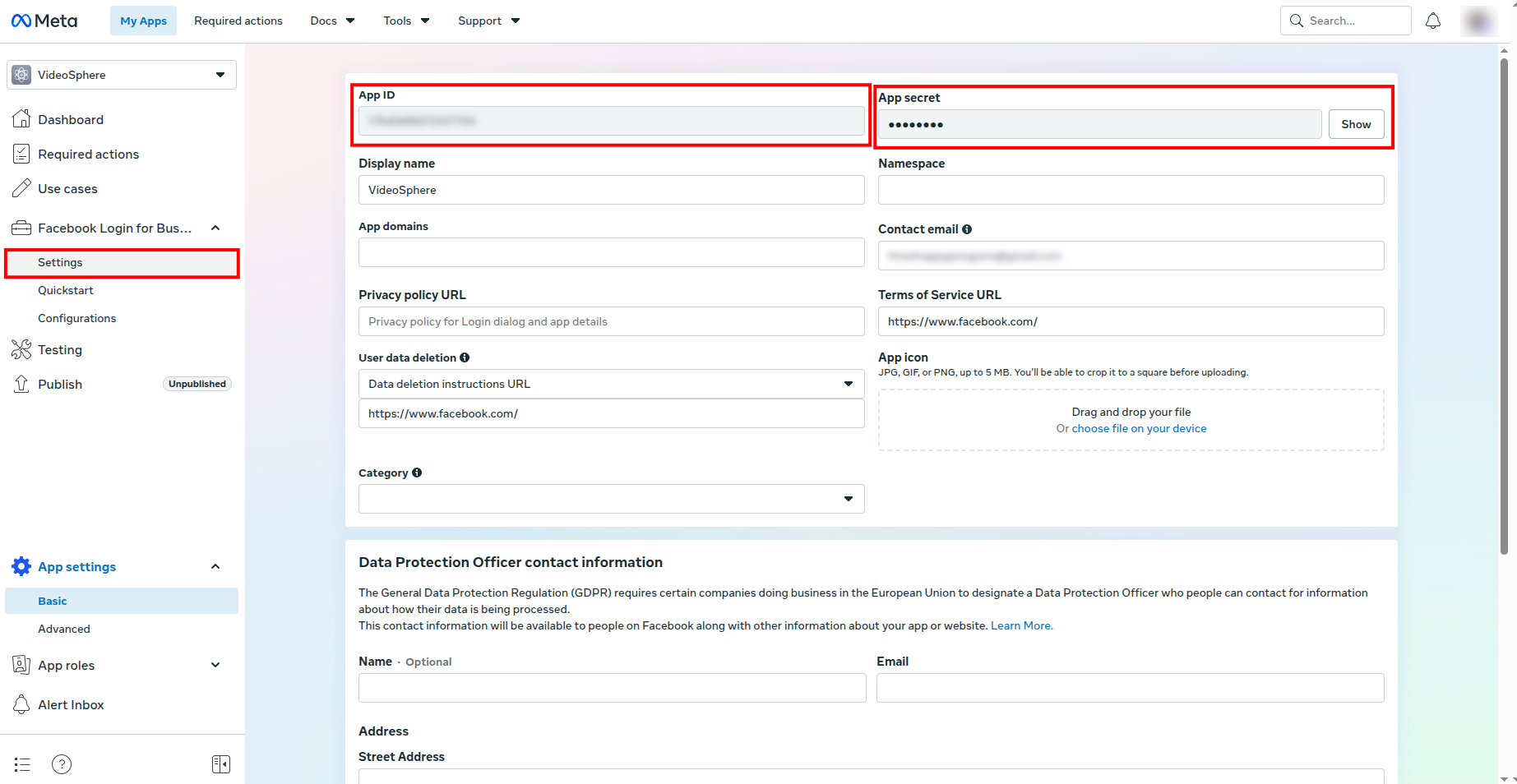 Basic settings — App ID and App secret
