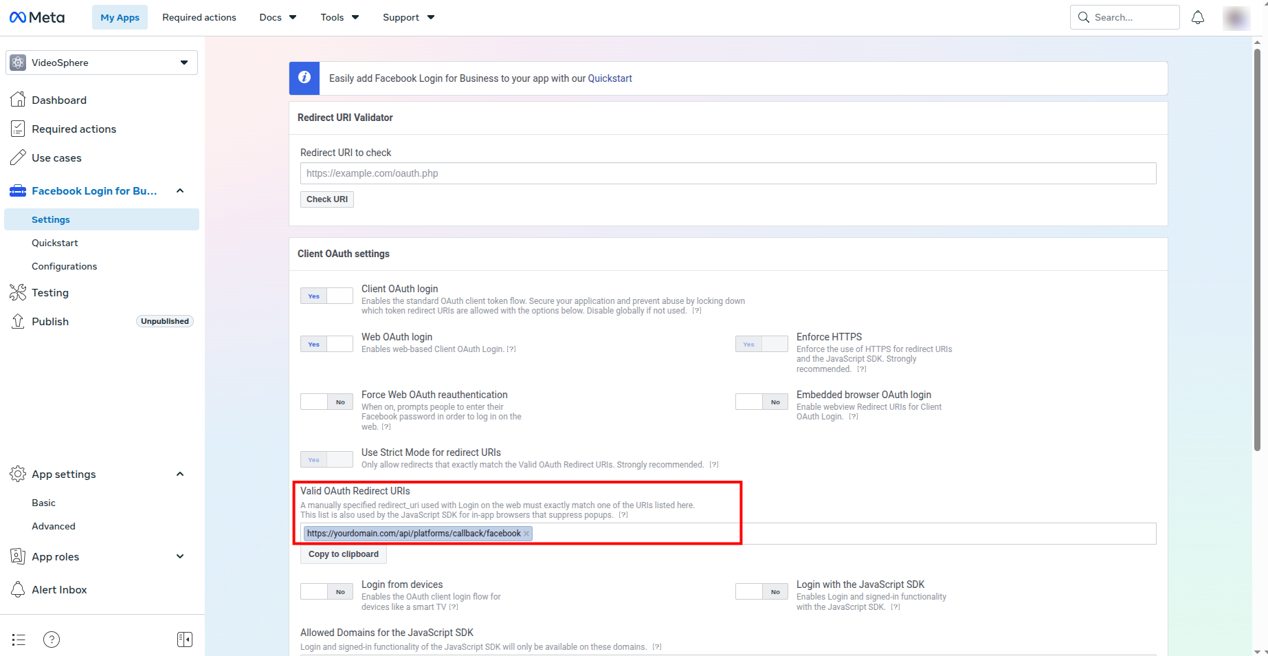 Valid OAuth Redirect URIs