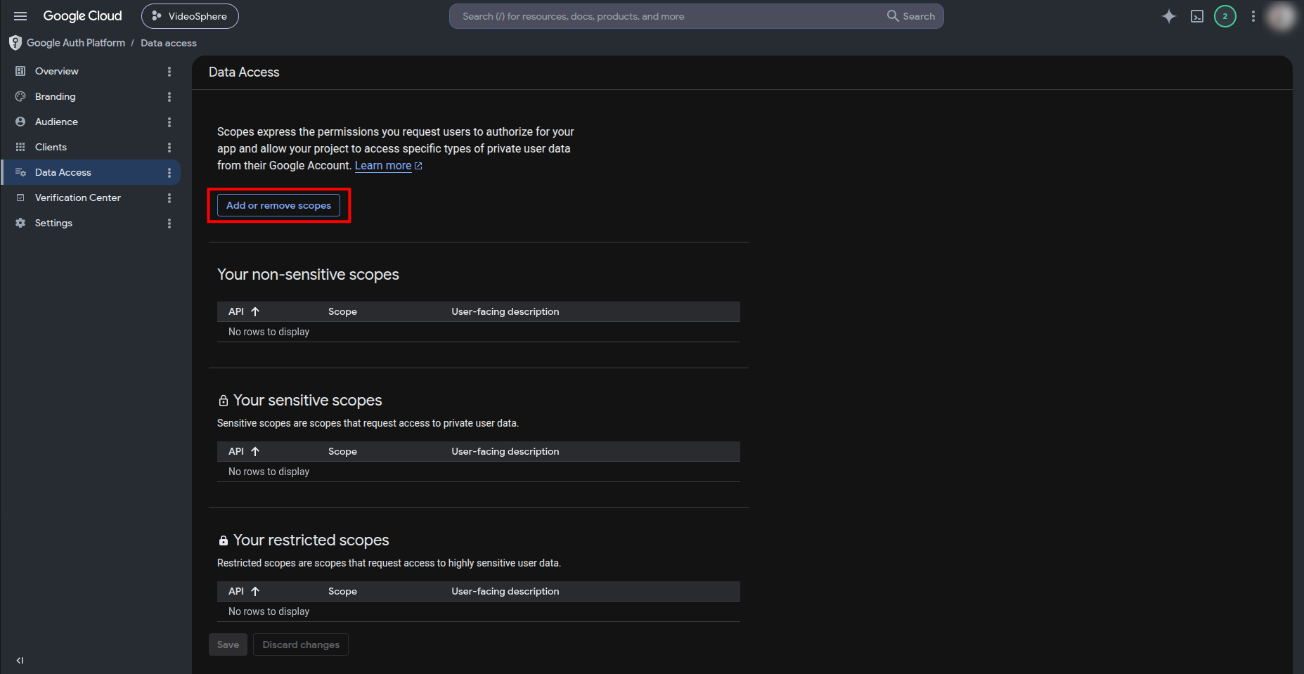 Data Access — Add or remove scopes