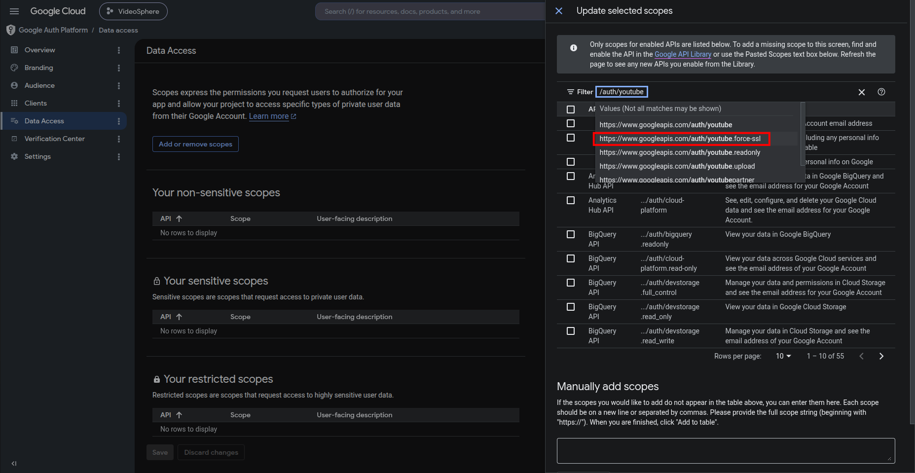 Add scope — youtube.upload