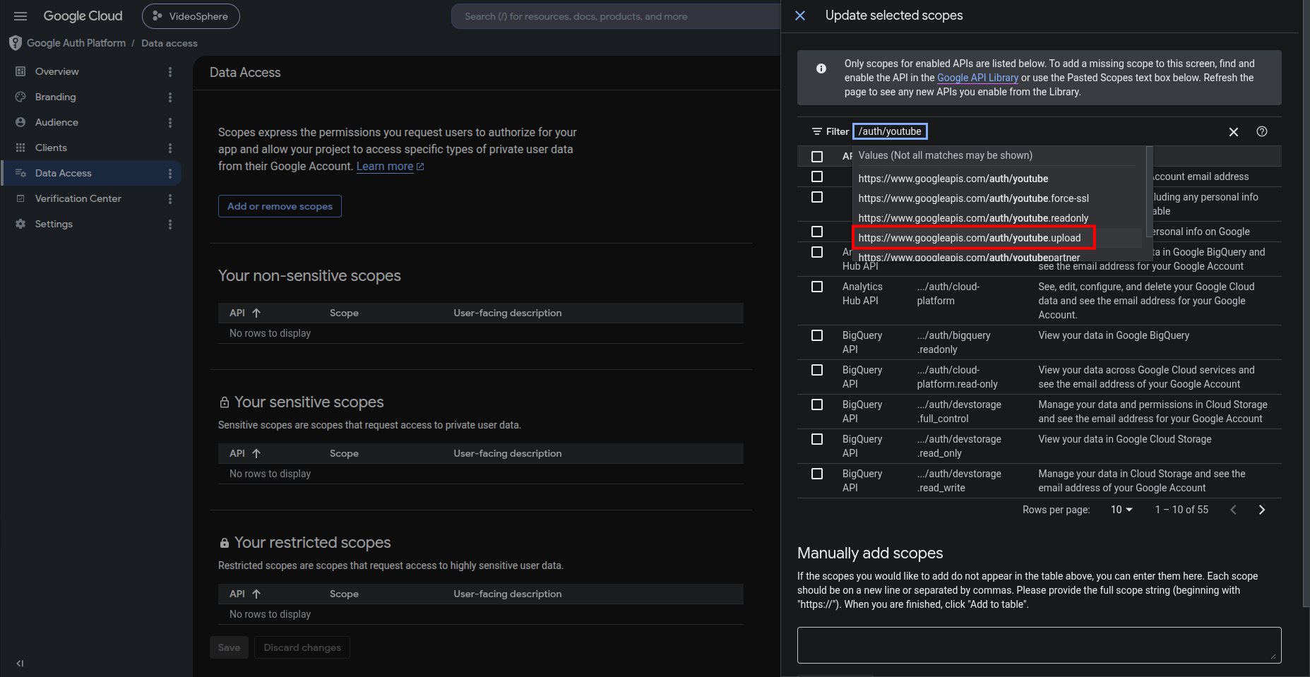 Add scope — youtube.readonly