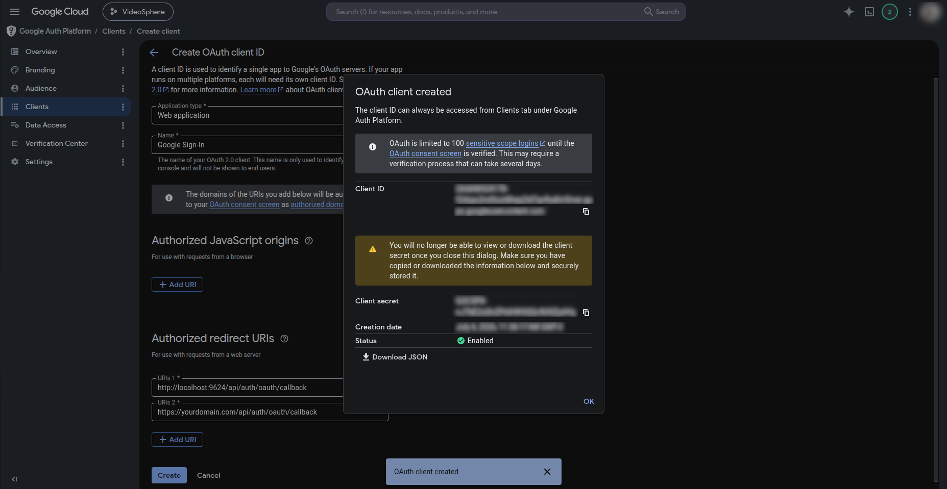 OAuth client created — copy credentials