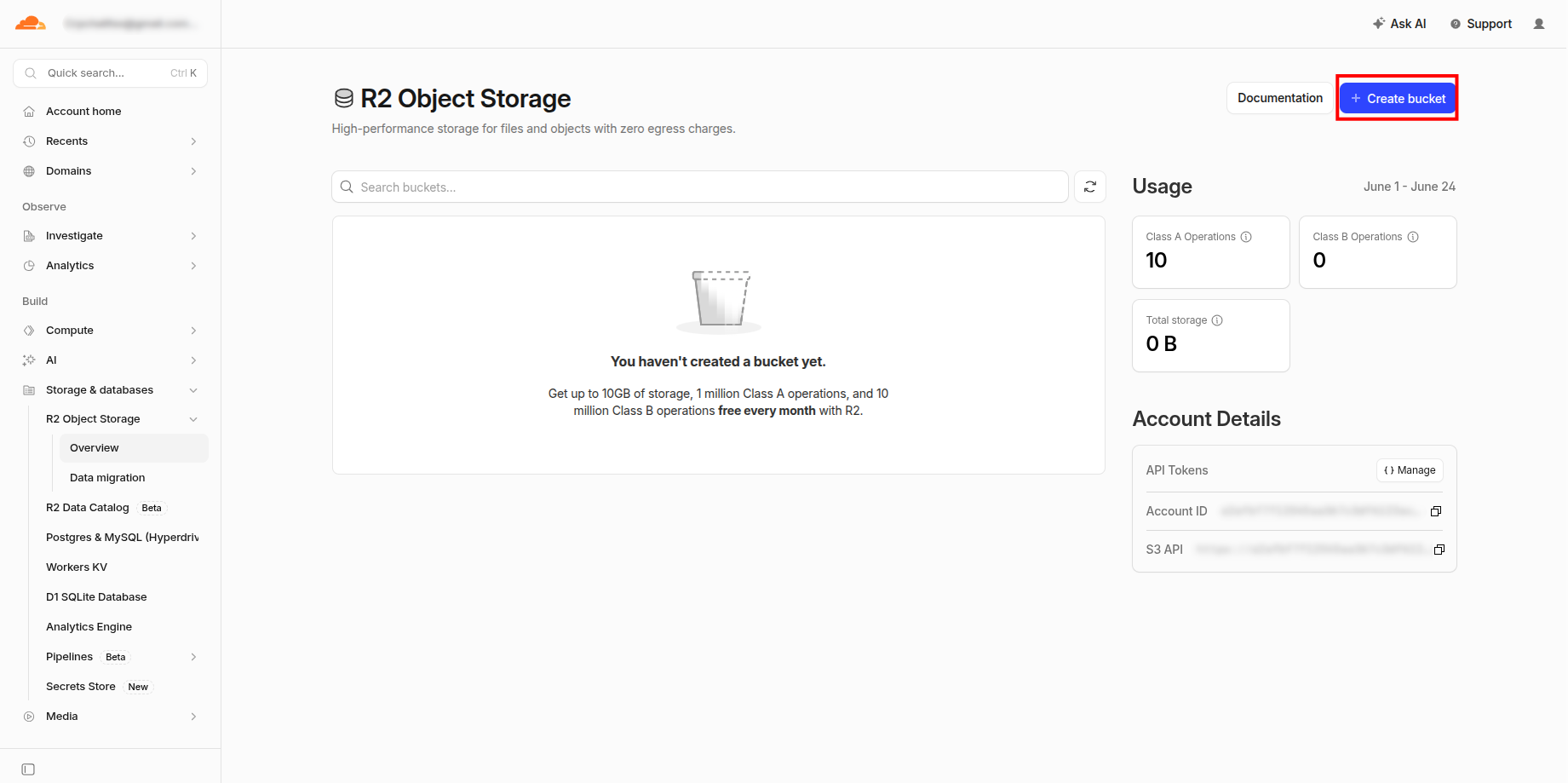 Create bucket button