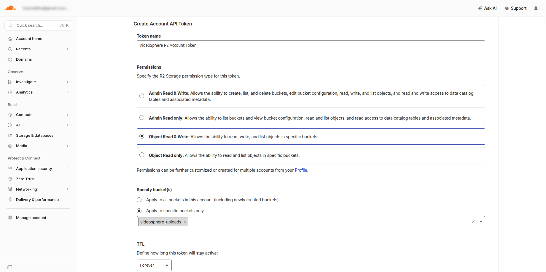 Create Account API Token page