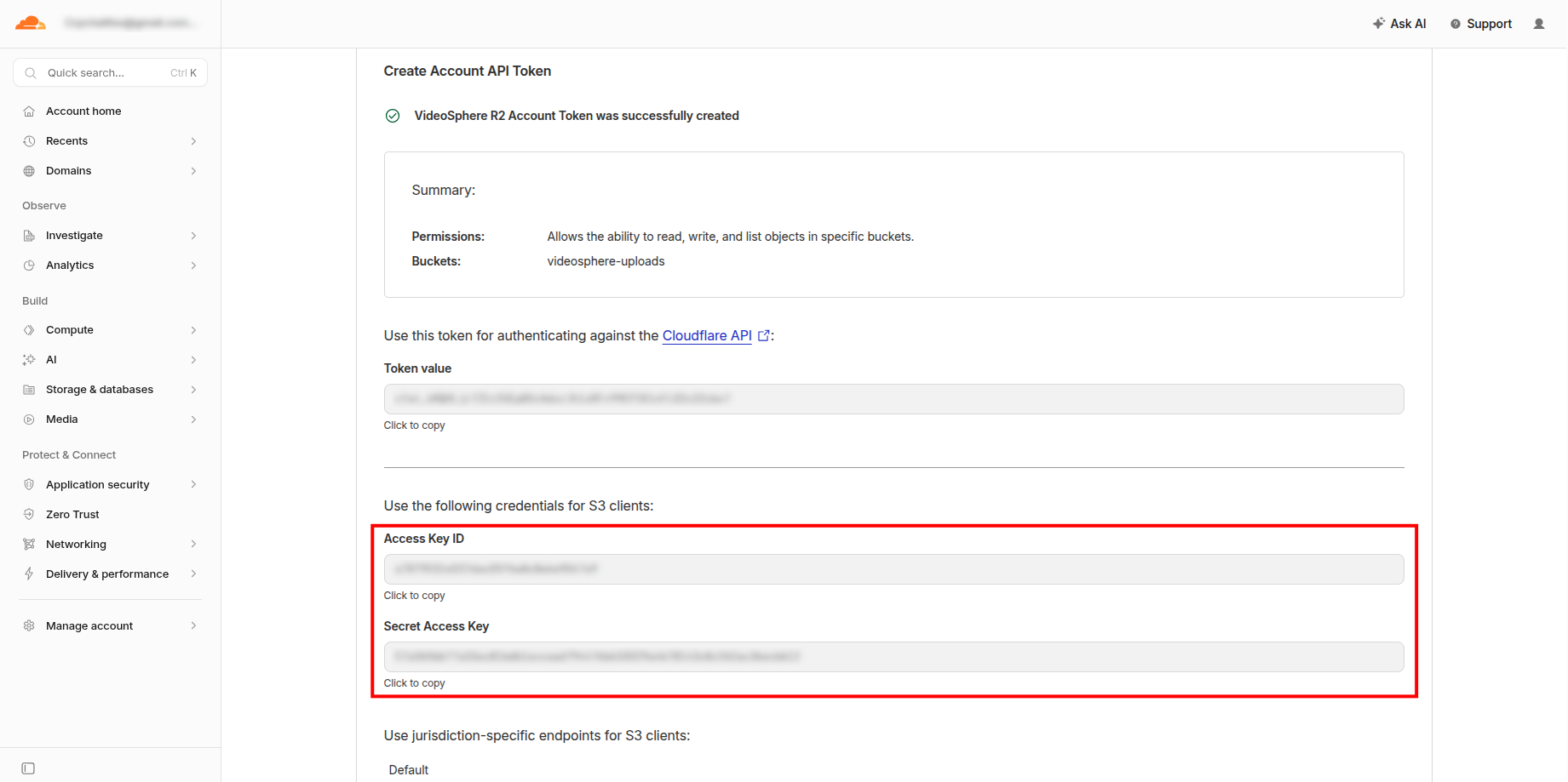 Create Account API token page