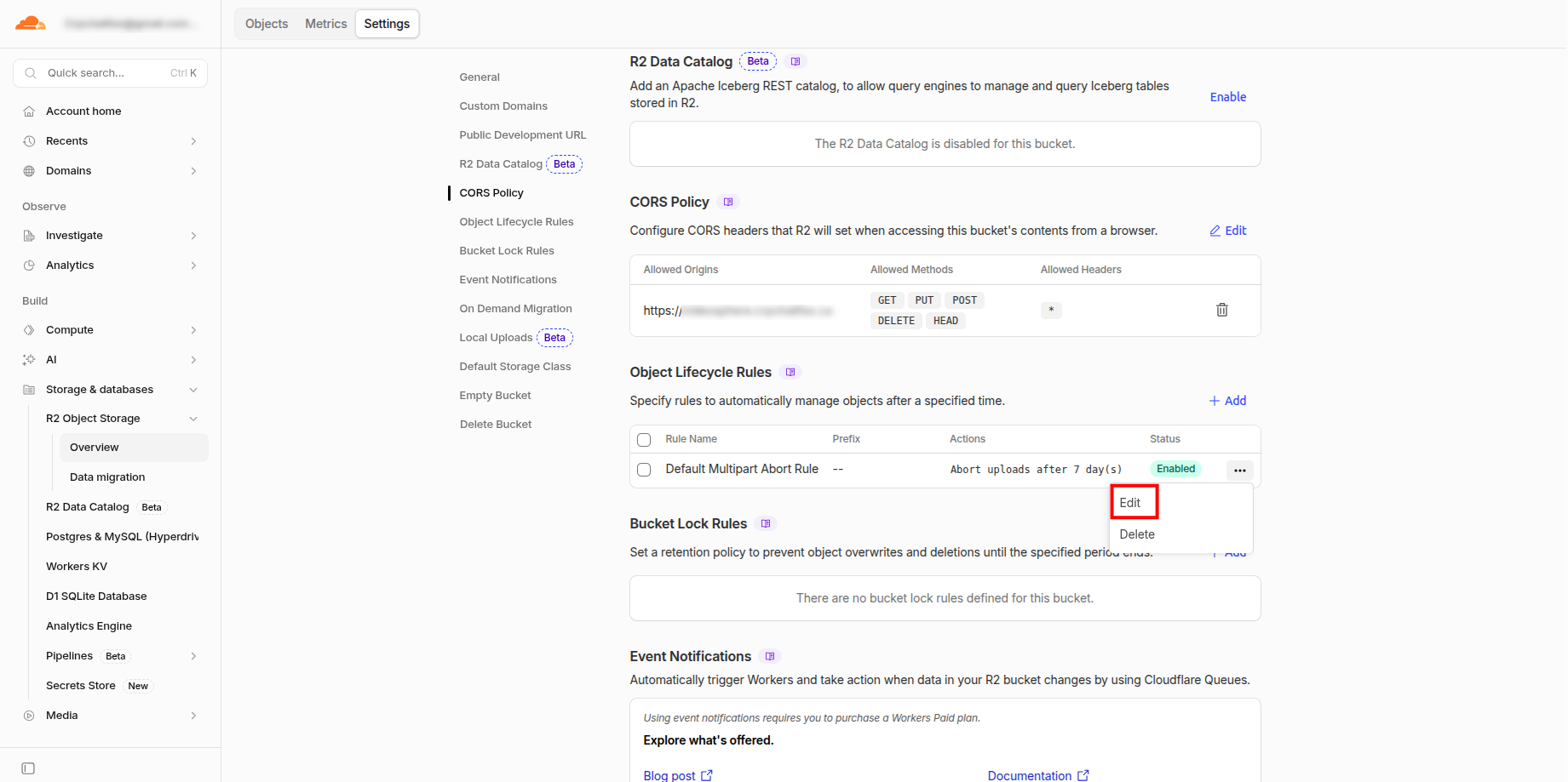 Object Lifecycle Rules edit button