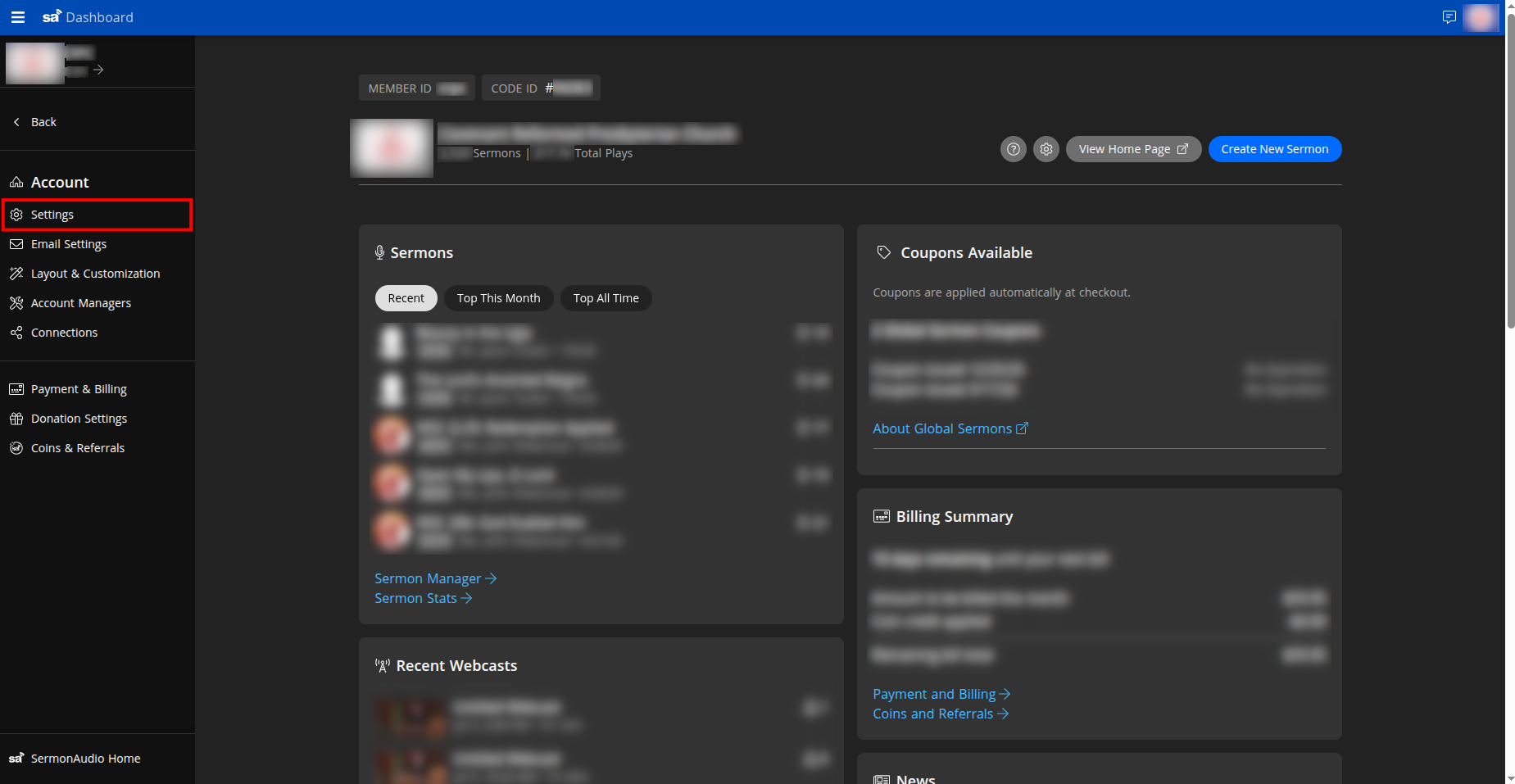 Account → Settings in the sidebar