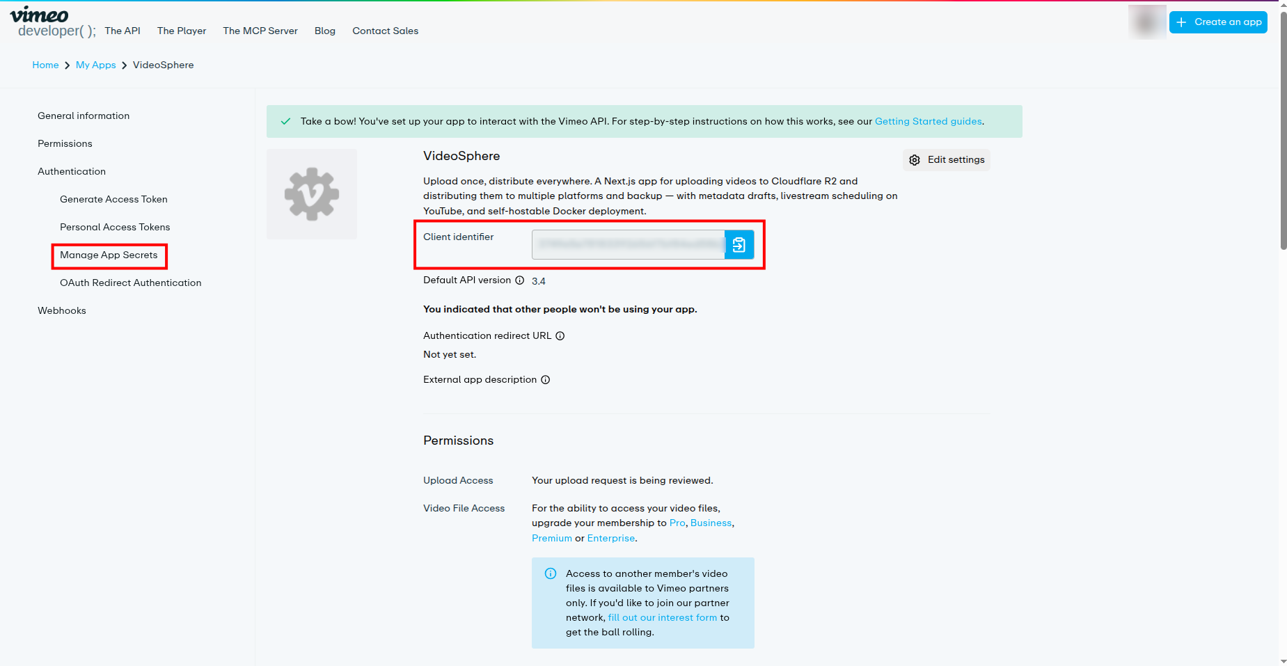 Client identifier and Manage App Secrets