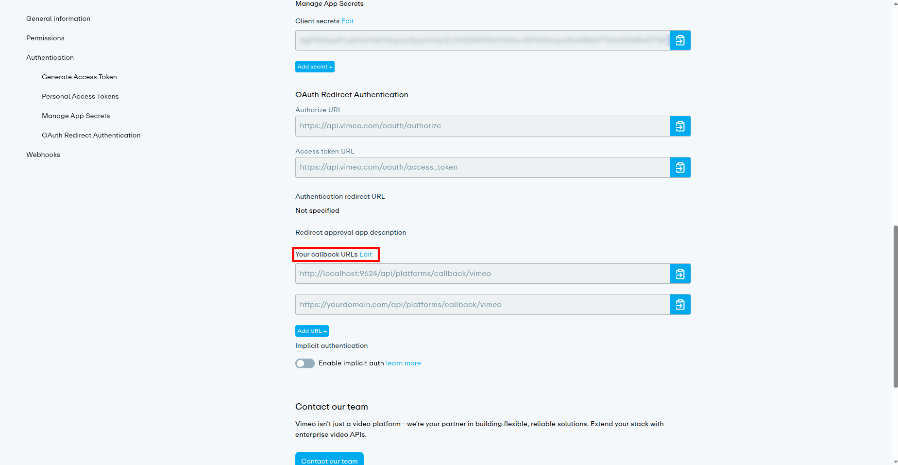 OAuth Redirect Authentication — Add URL