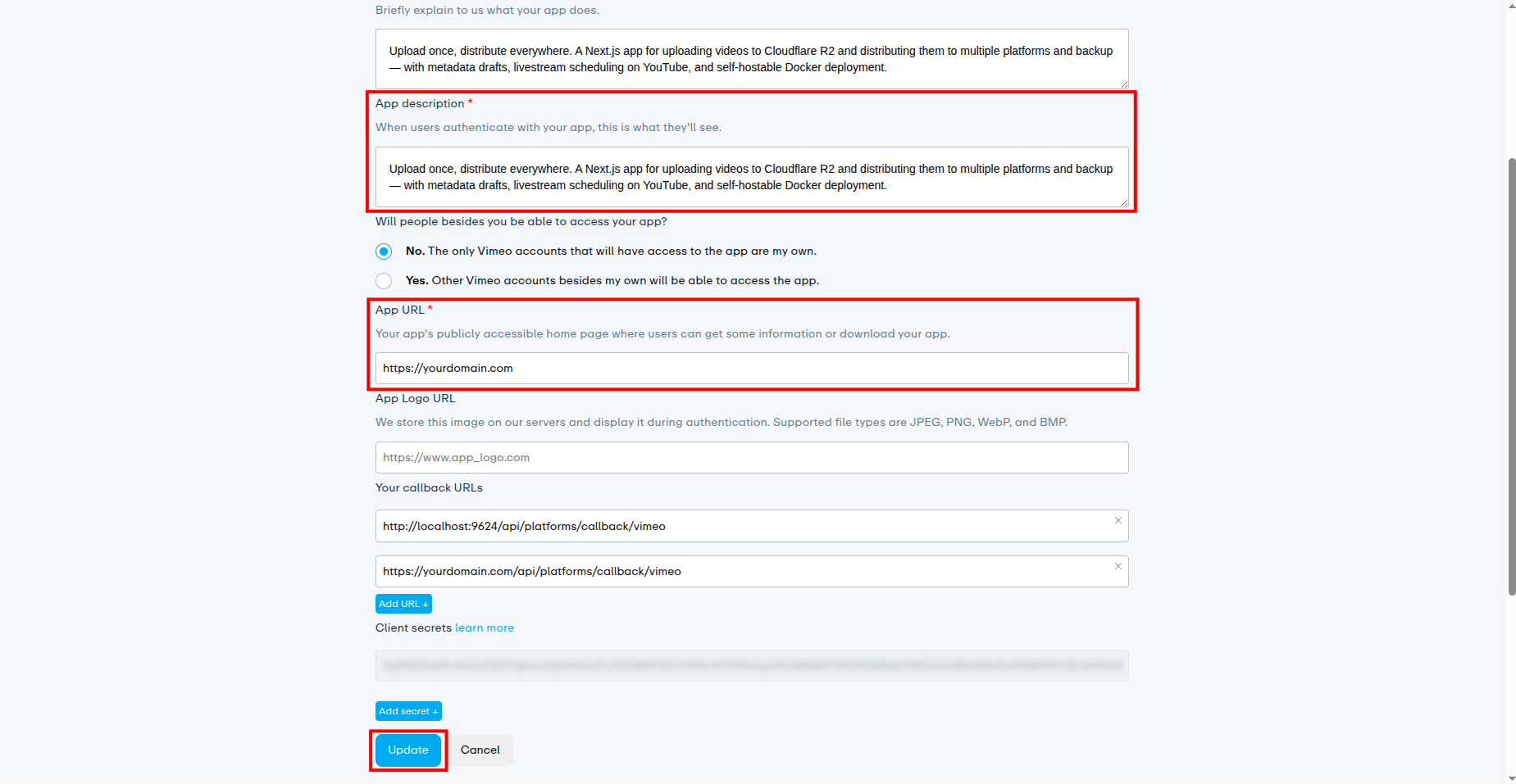 Edit app settings — App URL and callback URLs
